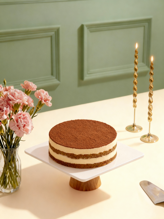 Tiramisu featuring layers of coffee-soaked savoiardi and premium mascarpone cream, dusted with dark cocoa.